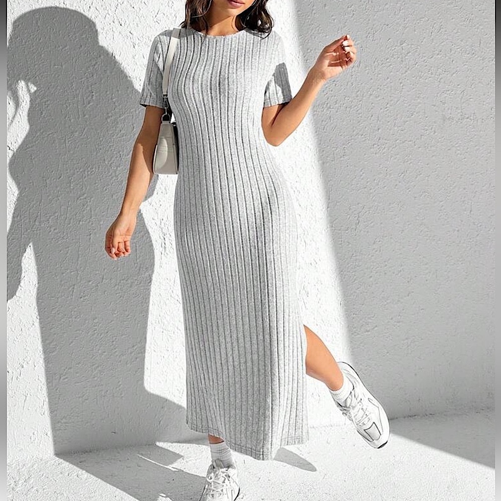 SHEIN Light Gray Ribbed Maxi T-Shirt Dress Small